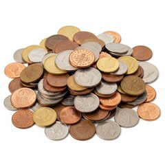 Pile of Assorted World Coins on White Background