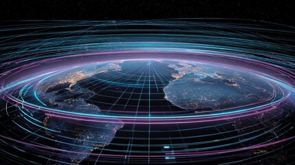 Global Data Visualization with Digital Grids and Light Trails Over Earth During Nighttime from Space Perspective