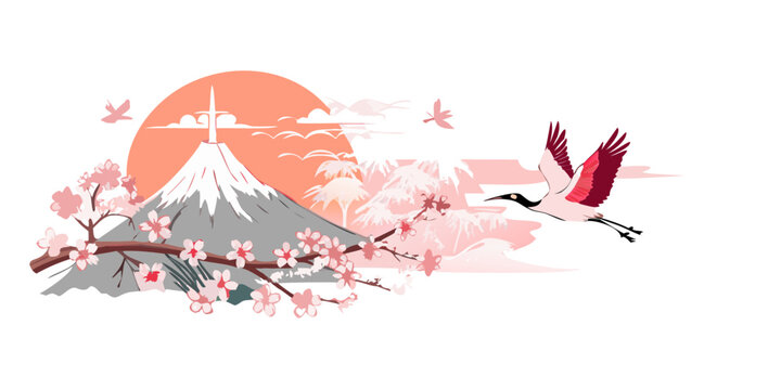 crane, peony, png, transparent, vector, illustration, pink, sunrise, japan, bird, floral, mountain, cherry, flower, flying, asian, art, decor, clipart, graphic, icon, spring, bloom, petal, nature, ori
