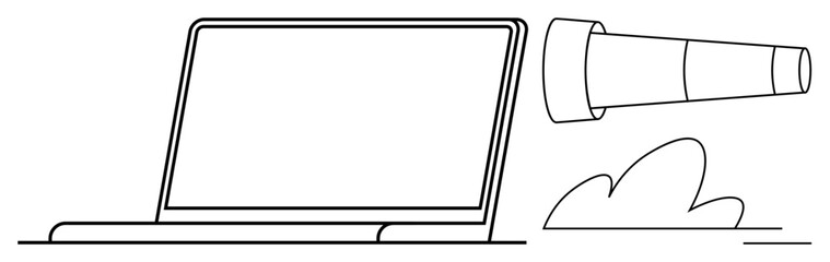 Obraz premium Digital exploration, innovation, technology, discovery, research, future vision. Outline of a laptop and telescope. Digital exploration and innovation in a creative design