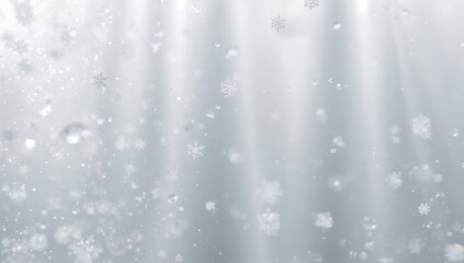 Falling hexagonal snowflakes drifting through gray winter sky, with light shafts, bokeh glints
