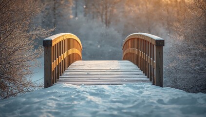 Glowing wood arched bridge crossing frosty woods, showing planked deck, rounded rails, snow falling