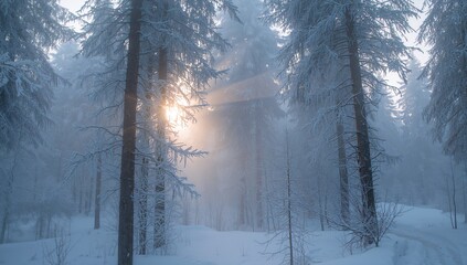 Filtering sunlight through snow-covered pine trees in winter forest revealing frost and mist
