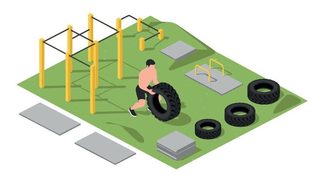 Outdoor workout park isometric design featuring tire flipping and fitness equipment
