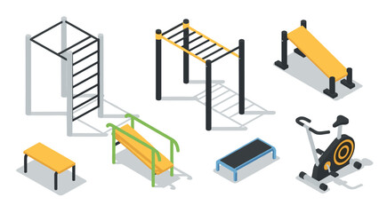 Isometric gym equipment set featuring pull-up bars and exercise bike