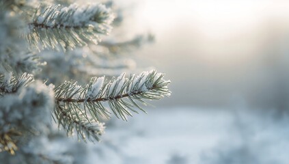 Focusing frost-covered conifer branch left of center in snowy clearing, with frosty needles