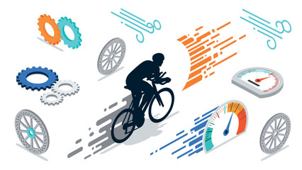 Isometric cycling speed concept with gears and speedometer elements