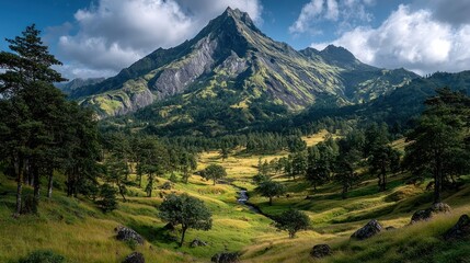 Fototapeta premium A volcanic mountain rising amid a mix of thick green forest and open grassy highlands, alive with wildlife