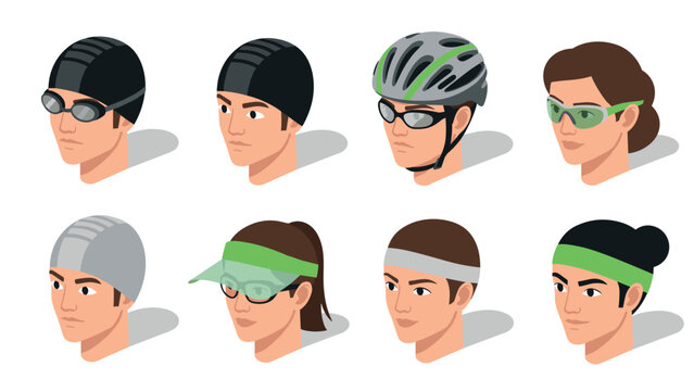 Diverse athletic headwear collection featuring swim caps, helmets, and visors in a flat style