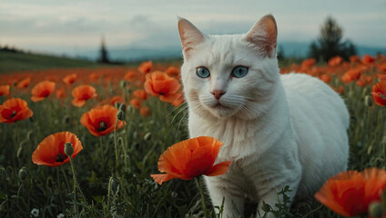 White cat with blue eyes sitting in blooming poppy field. Elegant white kitten in orange flower meadow at sunset. Cute blue‑eyed cat posing among vibrant poppies.