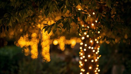 Glowing tree trunk casting warm glow at park, with string lights, leafy branches, bokeh, copy space
