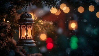 Hanging ornate lantern casting amber candle on pine branch, with falling snow, bokeh, copy space
