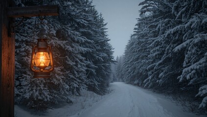Glowing lantern swinging on wooden post, casting amber glow on snowy road at dusk, copy space