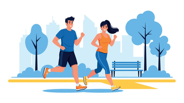 Active couple running in park with urban skyline background in flat style
