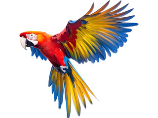 Fototapeta premium Flying macaw parrot with spread wings isolated on transparent background. Exotic tropical bird in dynamic flight pose.