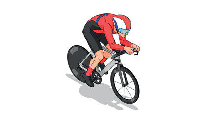 Cyclist racing in dynamic pose on modern bicycle in red and blue gear