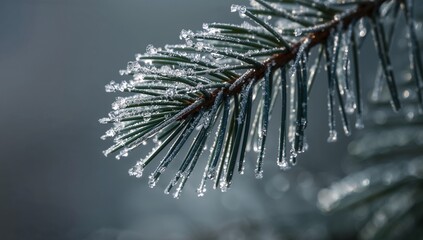Glistening conifer branch showing needles coated with ice beads outdoors on frosty morning, icicles