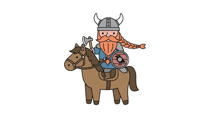 Viking warrior rides horse with battle axe and shield