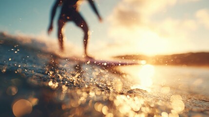 Surfer rides a wave at sunset near the shore in the ocean water