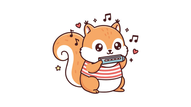Cute cartoon squirrel playing harmonica with music notes and hearts