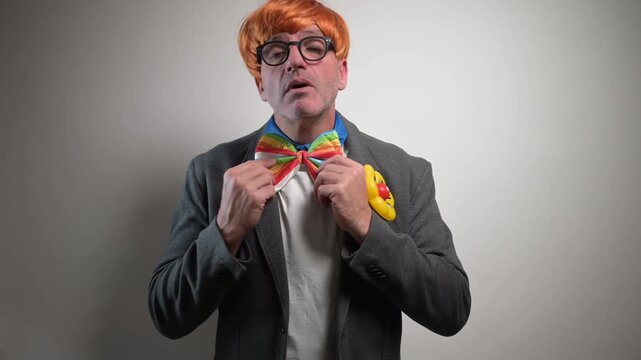 Businessman slowly transforming into a sad clown
