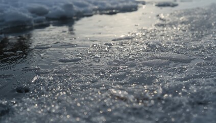 Showing slushy ice and thin sheets cracking into shallow water channels at shoreline, with bubbles