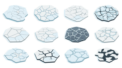 Set of cracked ice platforms in 3d style for winter and survival games