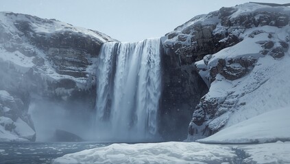 Plunging waterfall cascading down steep snowy cliffs at remote canyon, with ice floes and mist