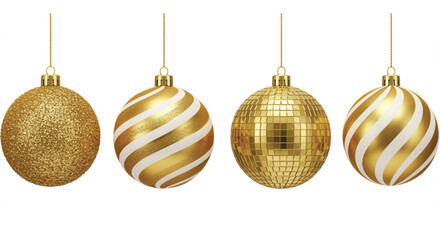 A collection of four distinct golden Christmas tree ornaments displayed in a row against a pure white background.