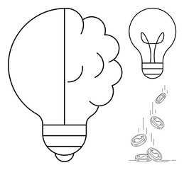 Innovation, creativity, finance, problem-solving, business strategy, economy. A brain combined with a light bulb next to a concept of coins falling. Innovation and finance concept