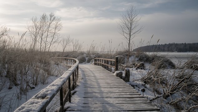 Curving snowy wooden boardwalk with railings leading through marsh to frozen lake, with tall reeds
