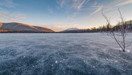 Showing frozen lake spanning across mountain valley at sunrise with lone shrub and sunlit ridges