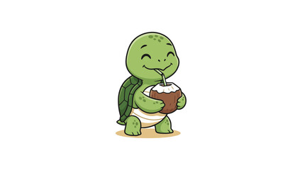 Smiling turtle enjoys refreshing coconut drink on beach