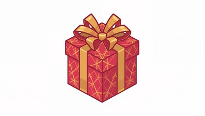 Obraz premium Showing red gift box centered on white backdrop, with gold ribbon, bow, geometric pattern, shadow