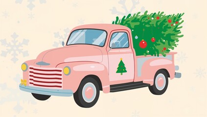 Driving pink pickup truck carrying decorated fir tree on pale backdrop with red baubles, yellow bow