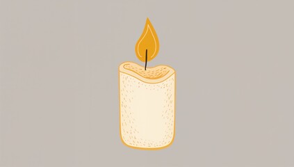 Presenting pillar candle glowing on taupe background, with thin black wick and melted-top crater