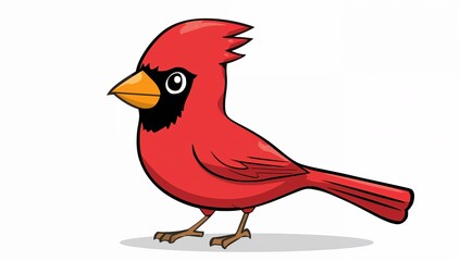 Fototapeta premium Standing cartoon red cardinal showing pointed crest and orange beak on white canvas, gray shadow