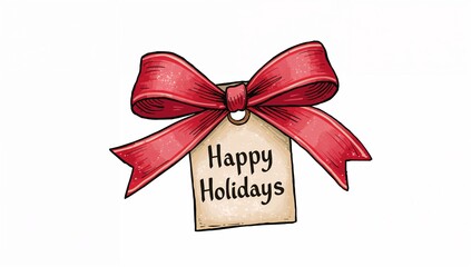 Presenting red bow sketch showing loops and tails on white backdrop, tag 'Happy Holidays' with ring