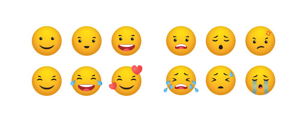 Fototapeta premium A collection of 3D emojis, emoticons expressing various emotions and feelings, funny yellow faces for social network communication. A collection of realistic vector illustrations isolated on a white b