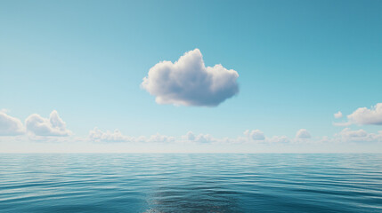 Calm Ocean Horizon with Single Cloud in Clear Blue Sky
