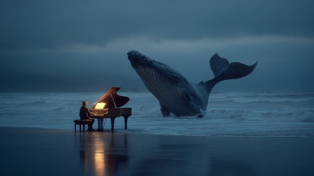 A pianist plays on a beach at dusk, as a whale breaches the water, captivated by the music. Serene scene