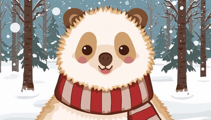 Smiling fluffy panda-faced character wearing red-beige scarf in snowy forest with falling snow