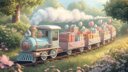 Chugging teal mini steam train pulling three cars along park path with wrapped gifts and balloons
