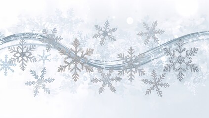 Showing horizontal decorative snowflakes with translucent ribbon on winter banner, featuring bokeh