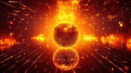 Radiant data sphere illuminating a futuristic digital tunnel, creating a vibrant network connecting lines and blocks in a warm, abstract virtual environment