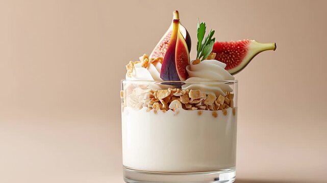 Creamy yogurt parfait with fresh figs and crunchy nuts on a neutral background