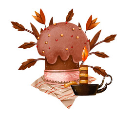 Easter cake and branches greeting card Christian Holiday.  Holiday cake and floral branches. Hand drawn spring illustration on isolated background