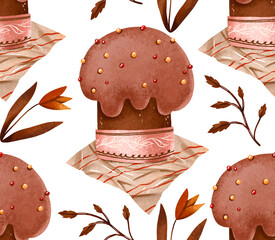Easter cake  seamless pattern.  Holiday cake and floral branches. Hand drawn spring illustration on isolated background