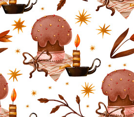 Easter cake, candle  and branches greeting card Christian Holiday.  Holiday cake and floral branches. Hand drawn spring illustration on isolated background