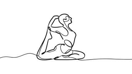 A single continuous line drawing depicts a person in a deep hip-opening yoga posture. One leg is bent forward with the shin on the ground, while the other leg is extended straight back.